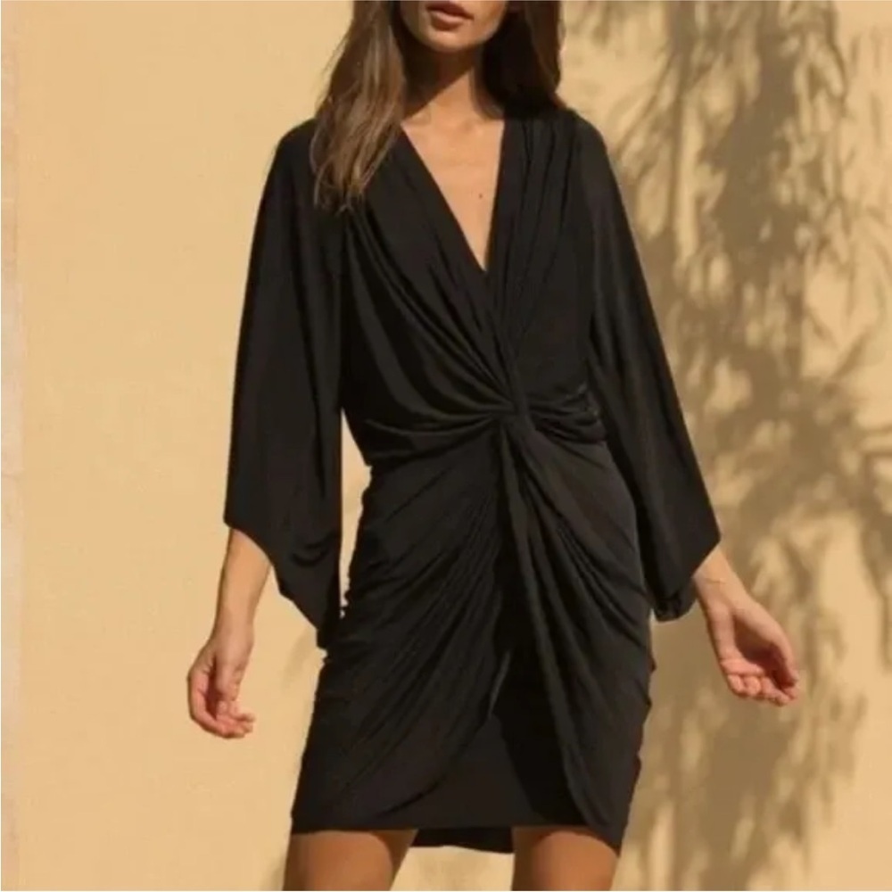 MISA Los Angeles Teget Dress Twist Front V-Neck Draped Sleeve Black Sz XS Party